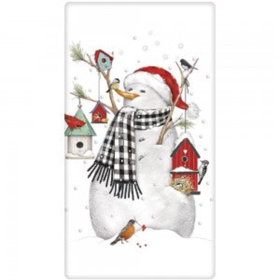 Holiday Flour Sack Dish Towel - Birdhouse Snowman